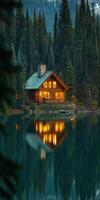 A log cabin is reflected in the water at night photo