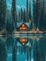 A cabin in the woods with a reflection in the water photo