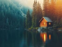 A small cabin sits on the edge of a lake at sunset photo