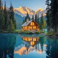 A log cabin sits on the shore of a lake with mountains in the background photo