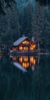 A cabin is reflected in the water at night photo