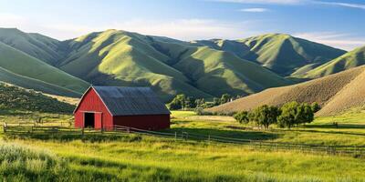 A red barn in the middle of a field photo