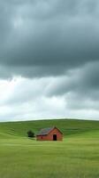 A lone red barn in a field of green grass photo