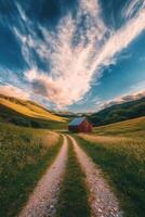 A dirt road leads to a red barn in the middle of a field photo