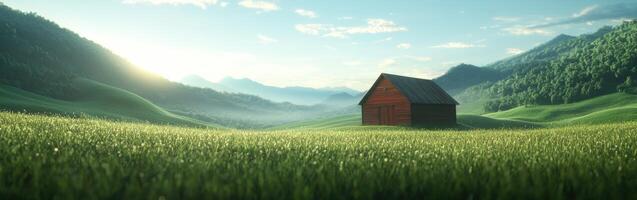 A small red house sits in the middle of a green field photo
