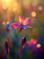 A pink flower is in the foreground with sun rays photo
