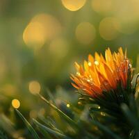A single orange flower in the grass with a bokeh effect photo