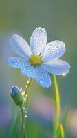A blue flower with dew drops on it photo