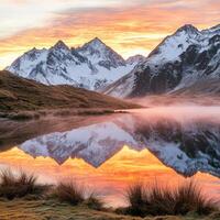 Majestic mountains reflect at dawn photo