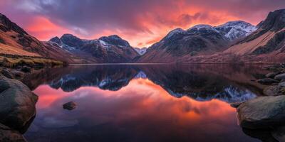 Sunset on mountain lake photo