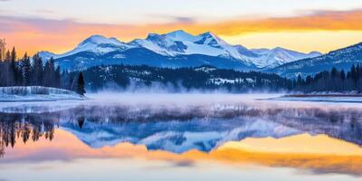 Sunset over snowy peaks photo
