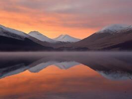 Majestic sunrise over tranquil lake photo