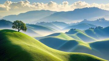 Lush green hills under a blue sky photo