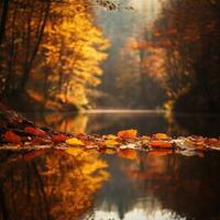 Autumn leaves reflect in calm water photo