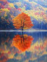 Colorful tree by calm lake photo