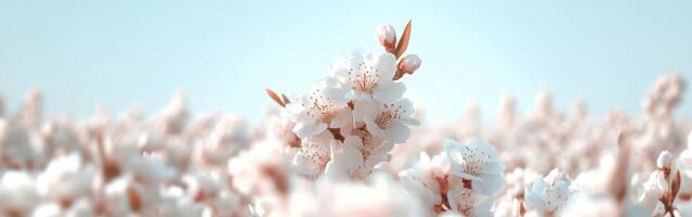 A field of white flowers with a blue sky in the background photo