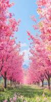 A row of pink cherry trees in a field photo