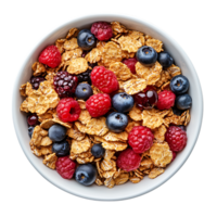 A bowl of cereal with berries and raspberries on over transparent background png