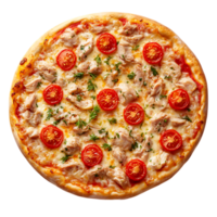 A pizza with chicken and tomatoes on a transparent background png