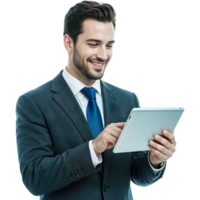 Smiling businessman using a digital tablet in a modern office setting png
