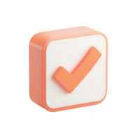 3D orange checkmark icon with a bold modern design on a square button with rounded edges, isolated on transparent background png