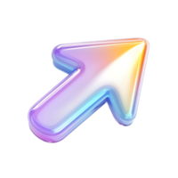 Colorful iridescent 3D upward diagonal arrow with a glossy glass-like appearance, isolated on a transparent background png
