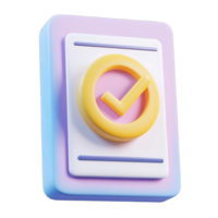 3D cartoon-style blue and purple clipboard with a yellow circular checkmark, white checklist, and horizontal lines, isolated on transparent background png