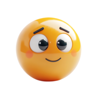 3D illustration of a shy yellow emoji with glossy texture, raised eyebrows, and a subtle smile, isolated on transparent background png