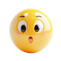 3D rendering of a surprised yellow emoji with big glossy eyes, raised eyebrows, and an open mouth isolated on transparent background png