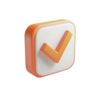 3D orange checkmark icon on a white rounded square button with a smooth glossy finish, isolated on transparent background png