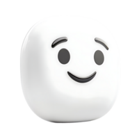 3D white smiling emoji face with round black eyes and raised eyebrows, expressing happiness, friendliness, and positivity on a transparent background. png