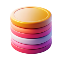 3D stack of multicolored coins with a smooth, glossy finish in shades of gold, pink, red, and white, resembling digital tokens or gaming currency isolated on transparent background png