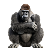 un' grande gorilla è seduta su suo ginocchia con suo braccia attraversato isolato su trasparente sfondo png