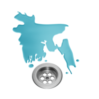 Water shaped of Bangladesh Map on a stainless steel surface draining into a drain. 3d illustration png