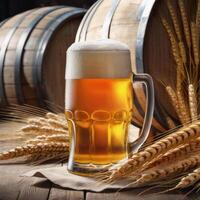 Glass of light beer with barley ears. Craft beer from a keg, ale. Close-up image of food and drinks. Element of packaging and advertising design photo