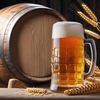 Glass of light beer with barley ears on a dark background. Craft wheat beer from keg. Close-up image of food and drinks. Element of packaging and advertising design photo