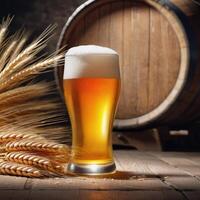 Glass of light beer with barley ears on a dark background. Craft beer from a keg, ale. Close-up image of food and drinks. Element of packaging and advertising design photo