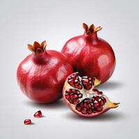Fresh ripe pomegranate isolated on light background. Whole fruit and piece close-up. Element of packaging and advertising design photo