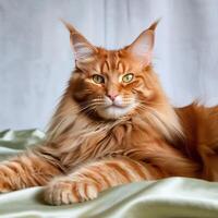 Ginger fluffy Maine cat lying on silk pillow. Beautiful close-up image of beloved pet photo