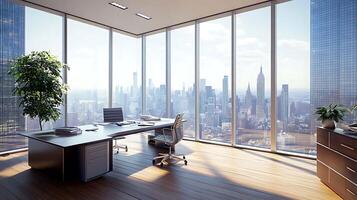 Stylish Office with Glass Windows A Sleek and Spacious Work Environment photo