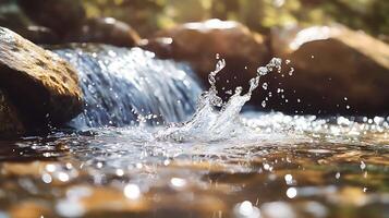 Splash of Water in a Gentle Cascade Over Smooth Rock A Tranquil Nature Scene photo