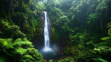 Waterfall in a Hidden Jungle Surrounded by Lush Greenery A Tranquil Nature Scene photo