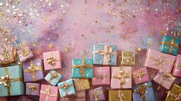 Sparkling Glitter Background with Colorful Gift Boxes A Vibrant and Cheerful Scene photo