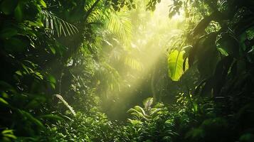 Sunlight Effect in a Lush Green Jungle A Beautiful and Tranquil Forest Scene photo