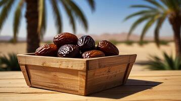 palm fruits in a wooden container on a wooden table with a desert and date palm tree background photo