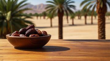 dates or palm fruits in a wooden container on a wooden table with a desert and date palm tree background photo