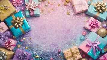 Glittery Background Filled with Colorful Gift Boxes A Festive and Sparkling Scene photo