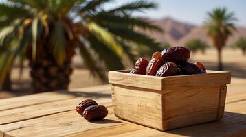 dates in a wooden container on a wooden table with a desert and date palm tree background photo