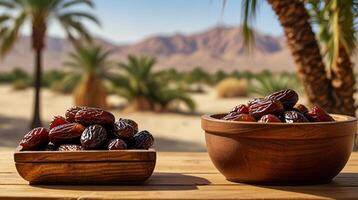 2 containeer dates or palm fruit on a wooden table with a desert and date palm tree background photo