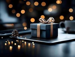 Elegant gift box with golden ribbon in a festive ambient setting with warm fairy lights photo